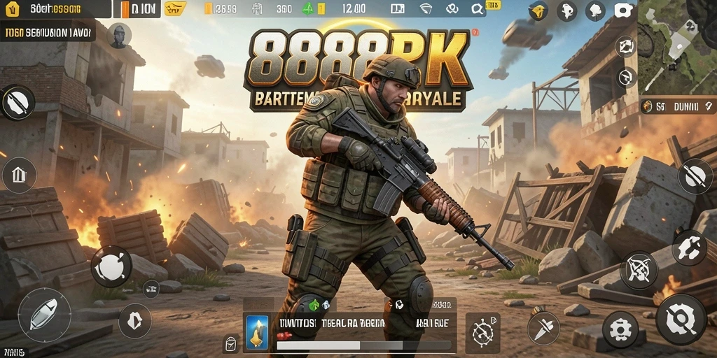 Screenshot dari gameplay mendebarkan 888R dalam pertempuran Battle Royale.