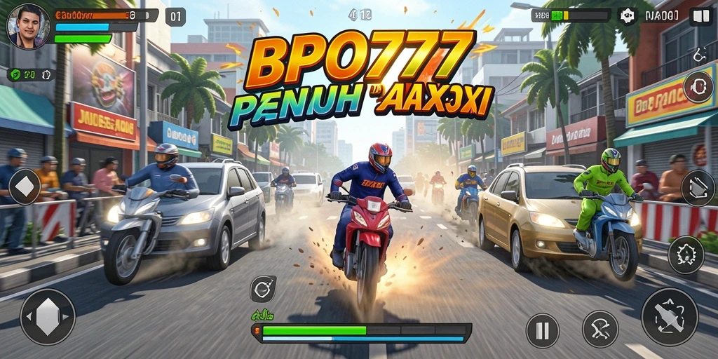 Tampilkan aksi balapan menegangkan dalam BPO777 dengan banyak mobil.