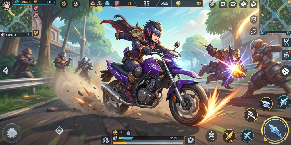 Screenshot MLBB8 menunjukkan balapan motor yang mendebarkan dan penuh aksi.