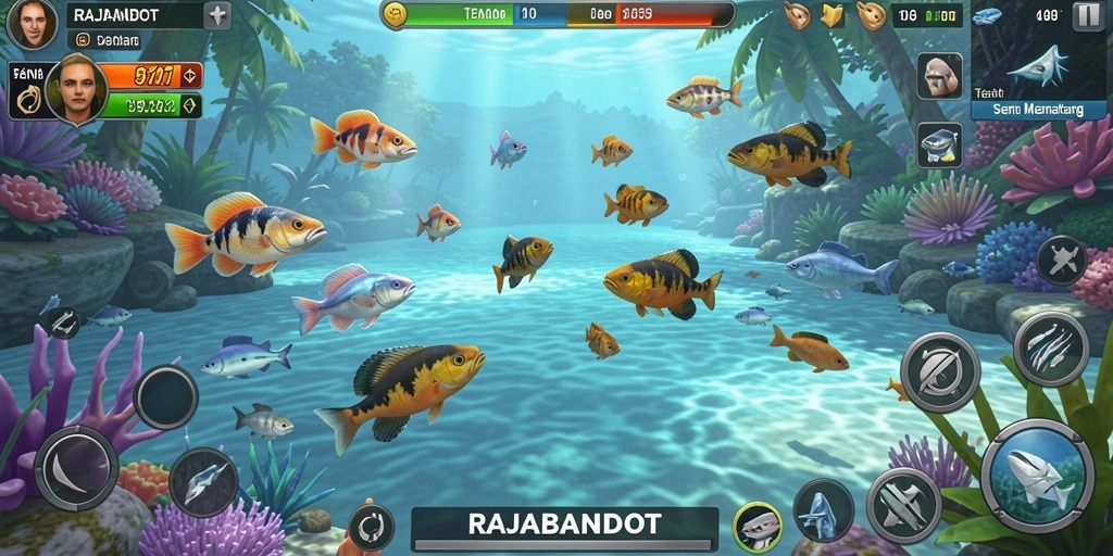 Screenshot RAJABANDOT menampilkan aksi seru menangkap ikan.