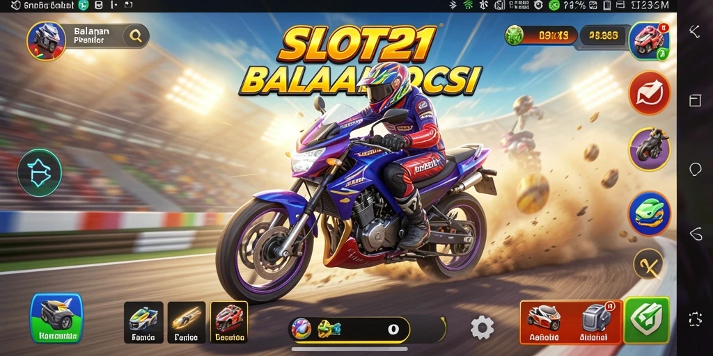 Tampilan gameplay SLOT21 menampilkan balapan motor yang penuh aksi.